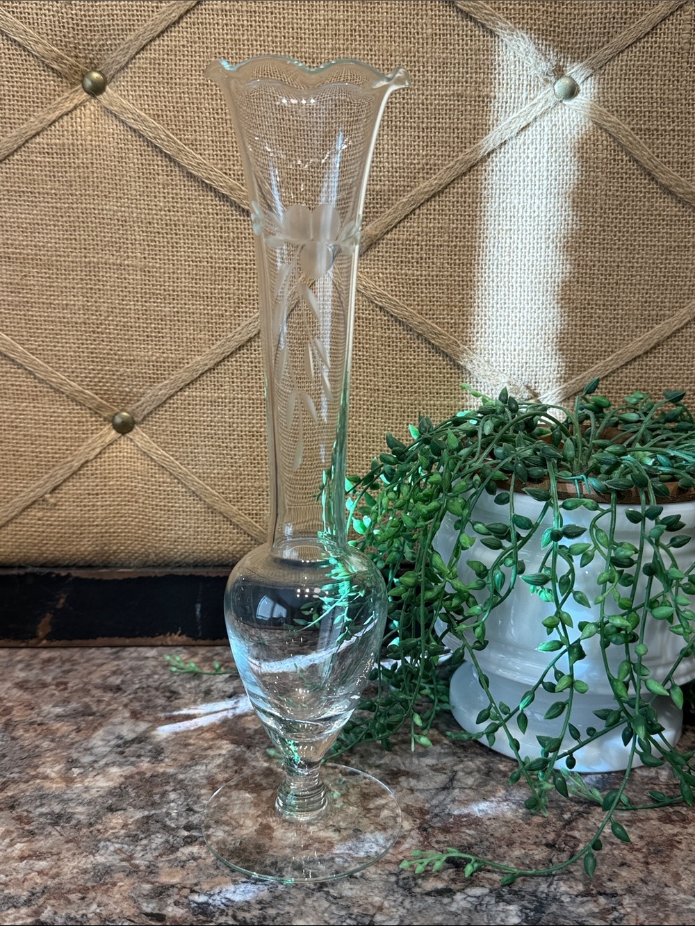 Clear Etched Glass Bud Vase -